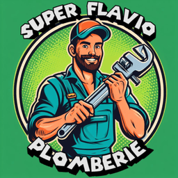 Logo Super Flavio, un plombier avec une clé à molette à la main sur fond vert